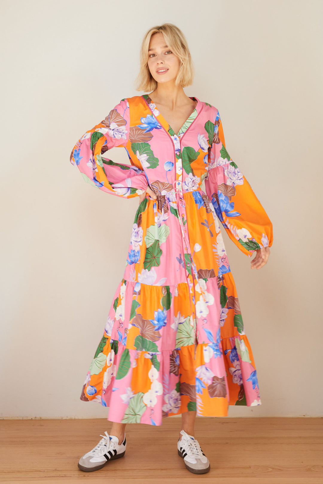 pink and orange printed maxi dress