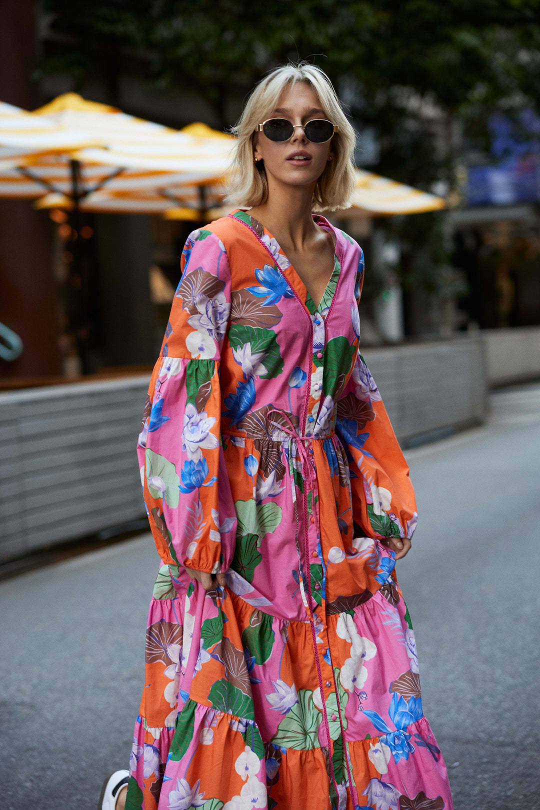 Floral printed cotton maxi dress, ethically sourced and designed in Australia.