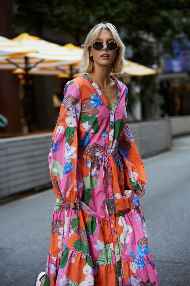 Floral printed cotton maxi dress, ethically sourced and designed in Australia.