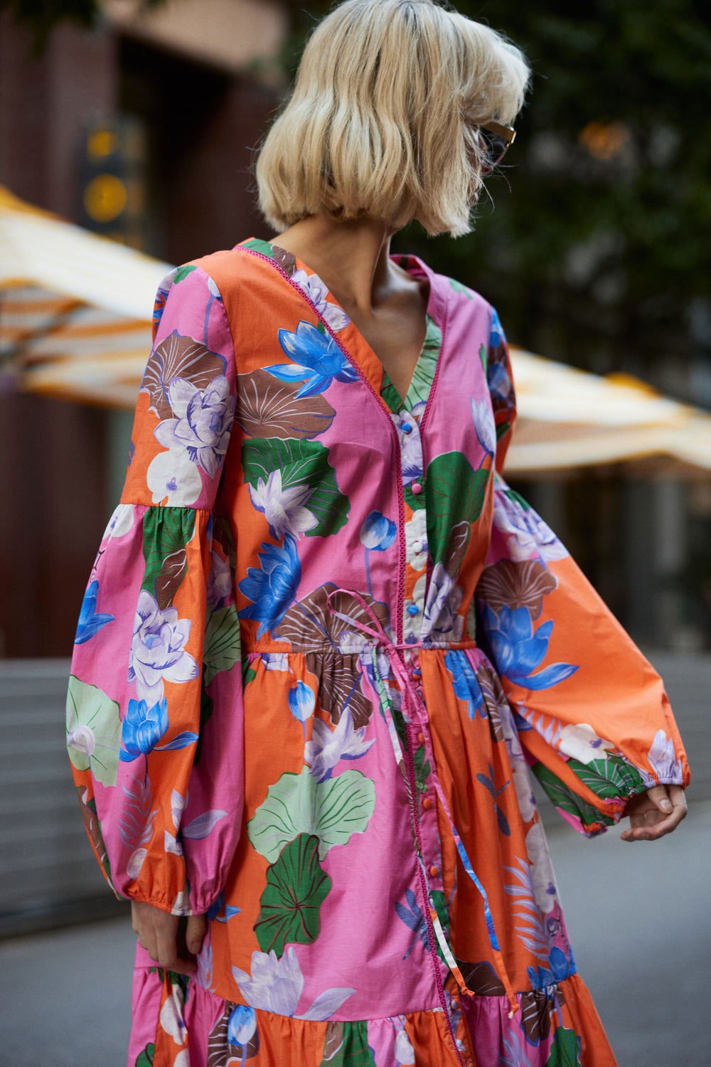 pink lotus printed cotton dress