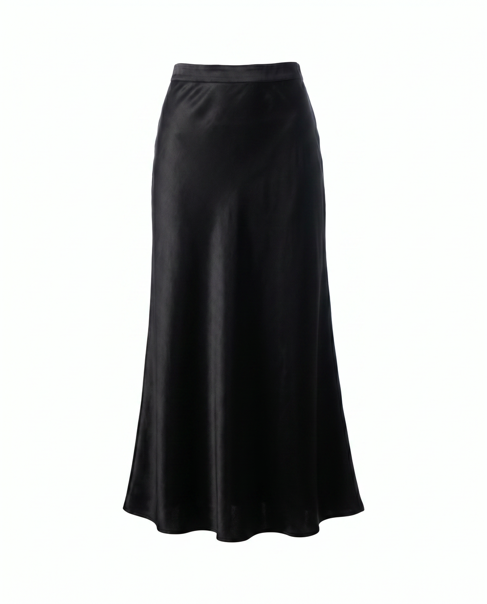 ghost mannequin photo of midi length black silk skirt