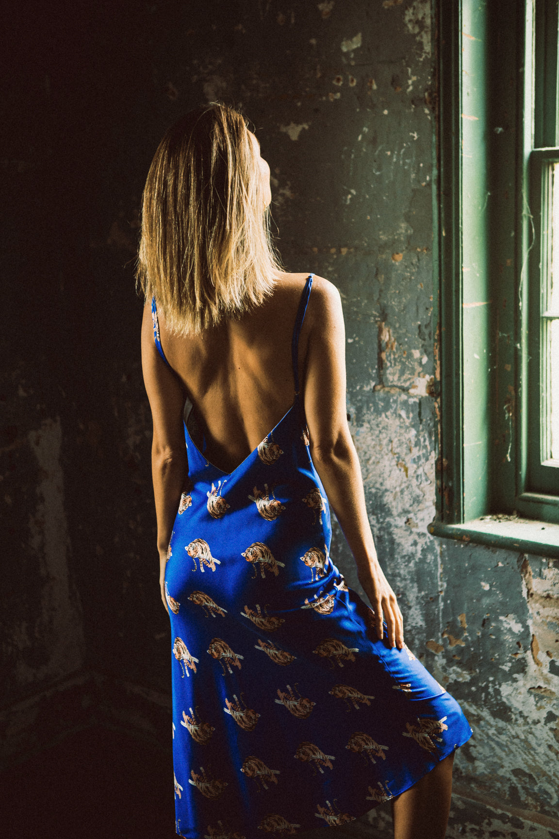 Blue silk dress, low cut back with tiger print