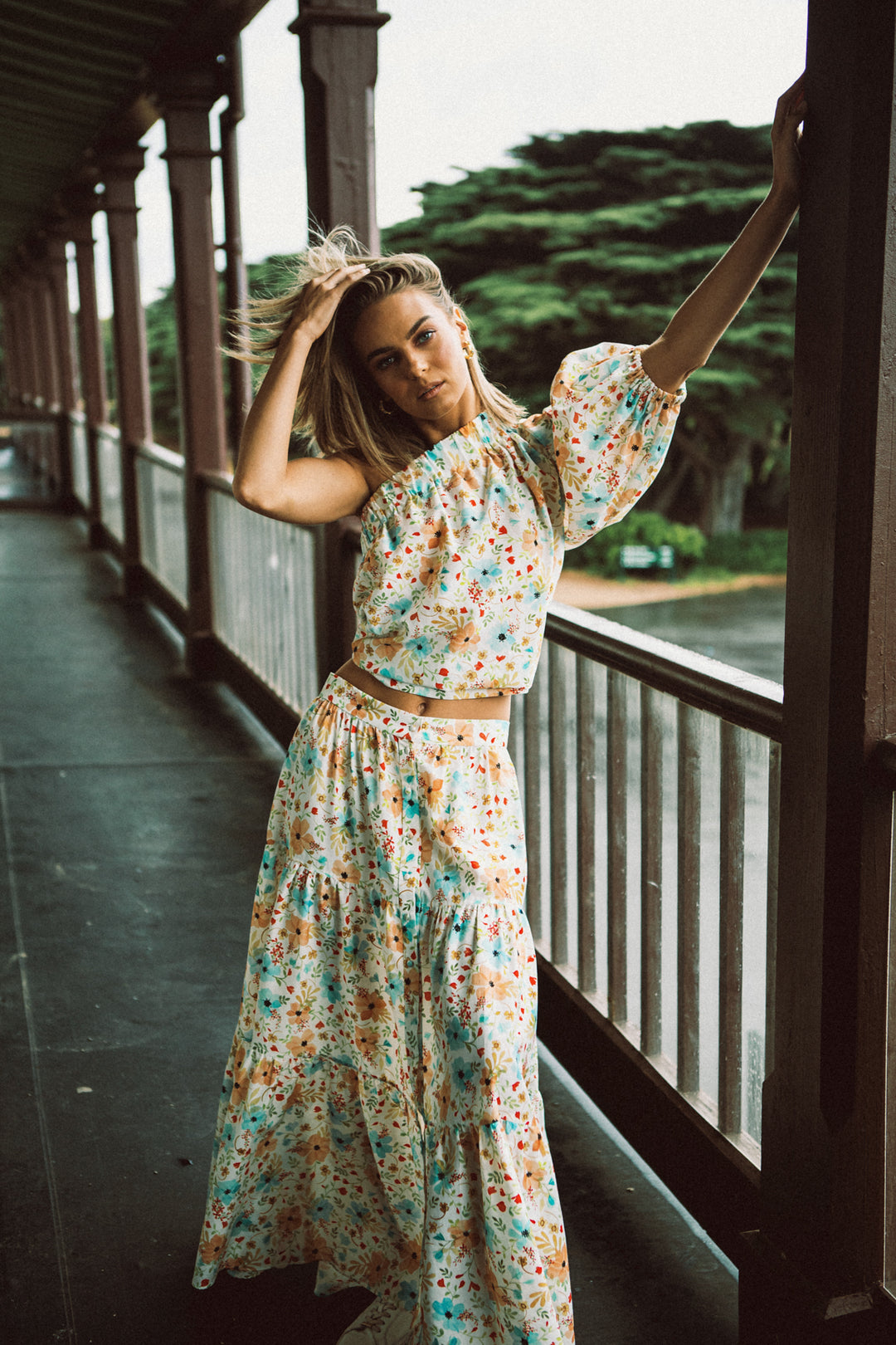 One shoulder top, silk cotton, posy print