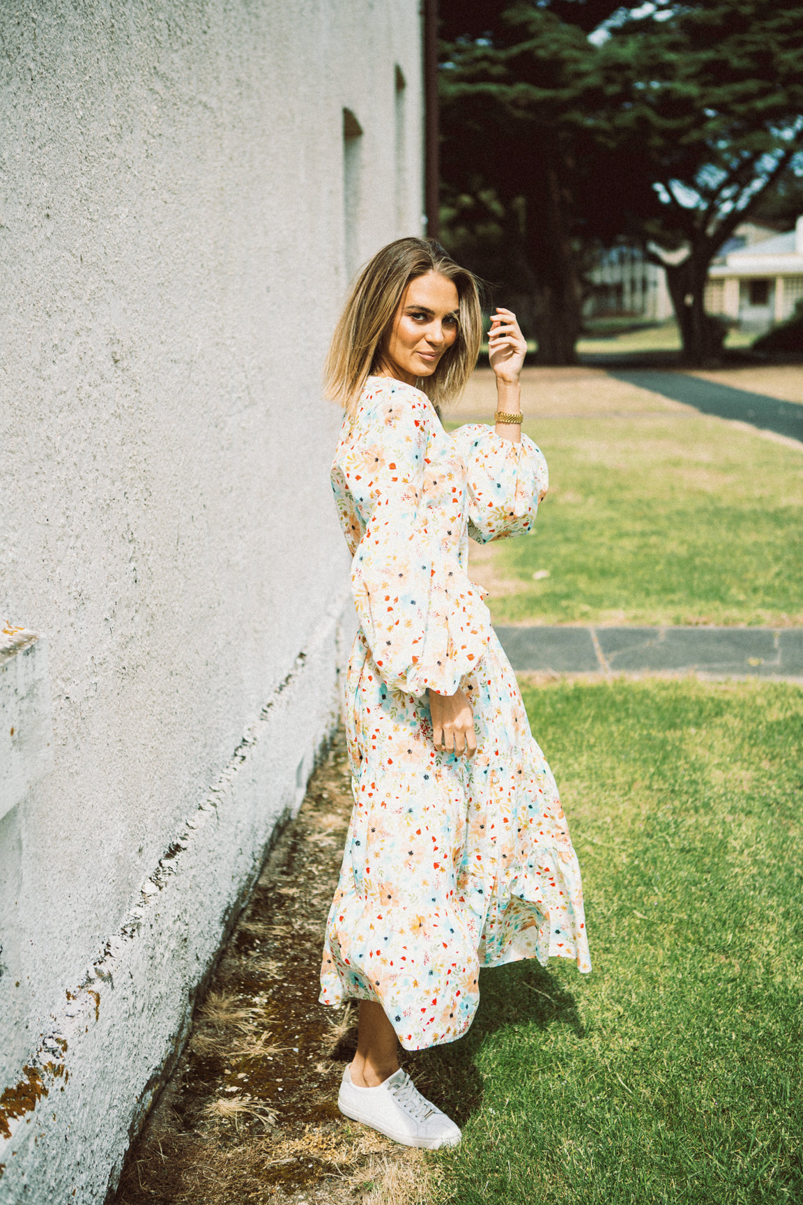 Cotton silk dress, posy print, balloon sleeve