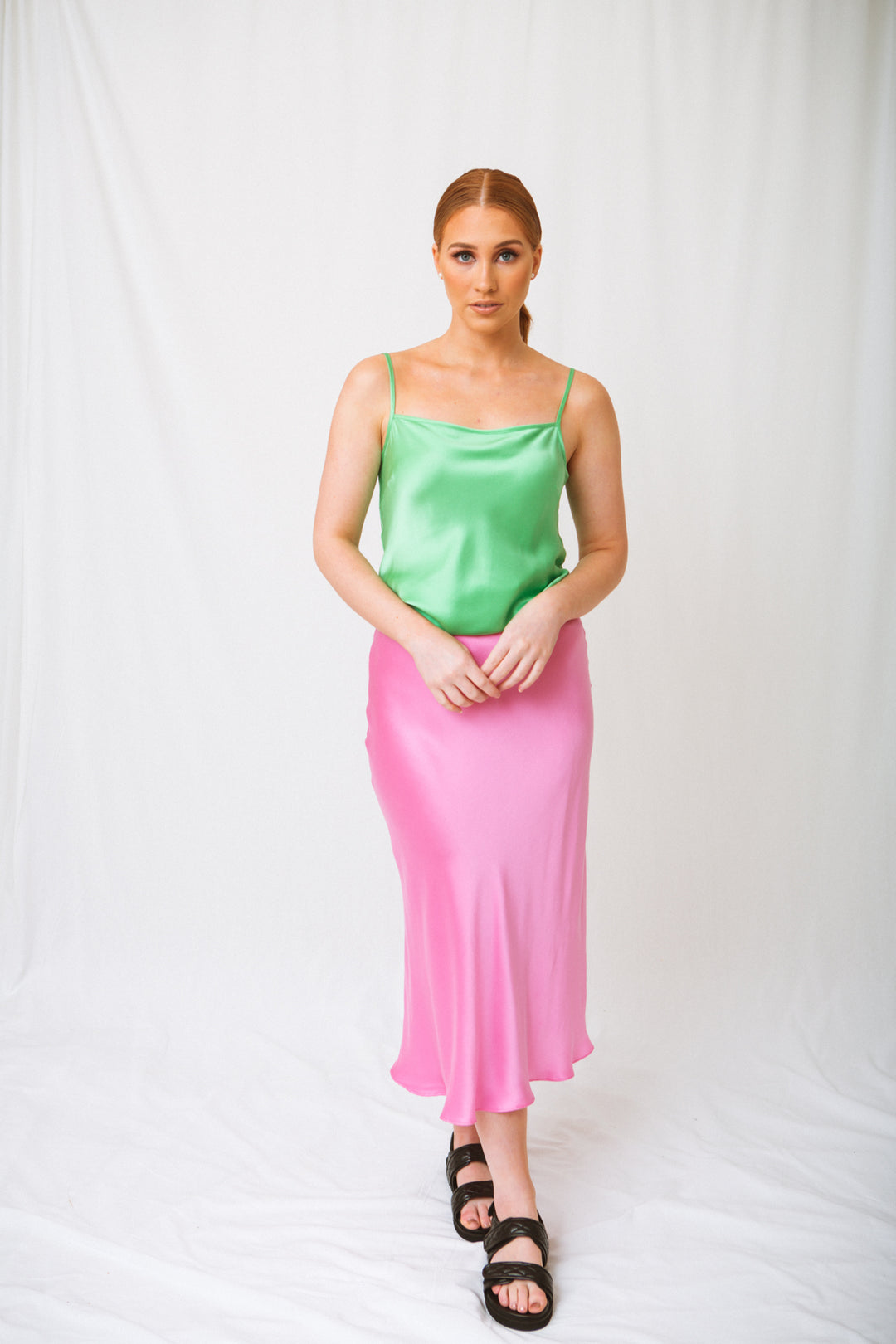 Straight neckline, silk cami top, lime