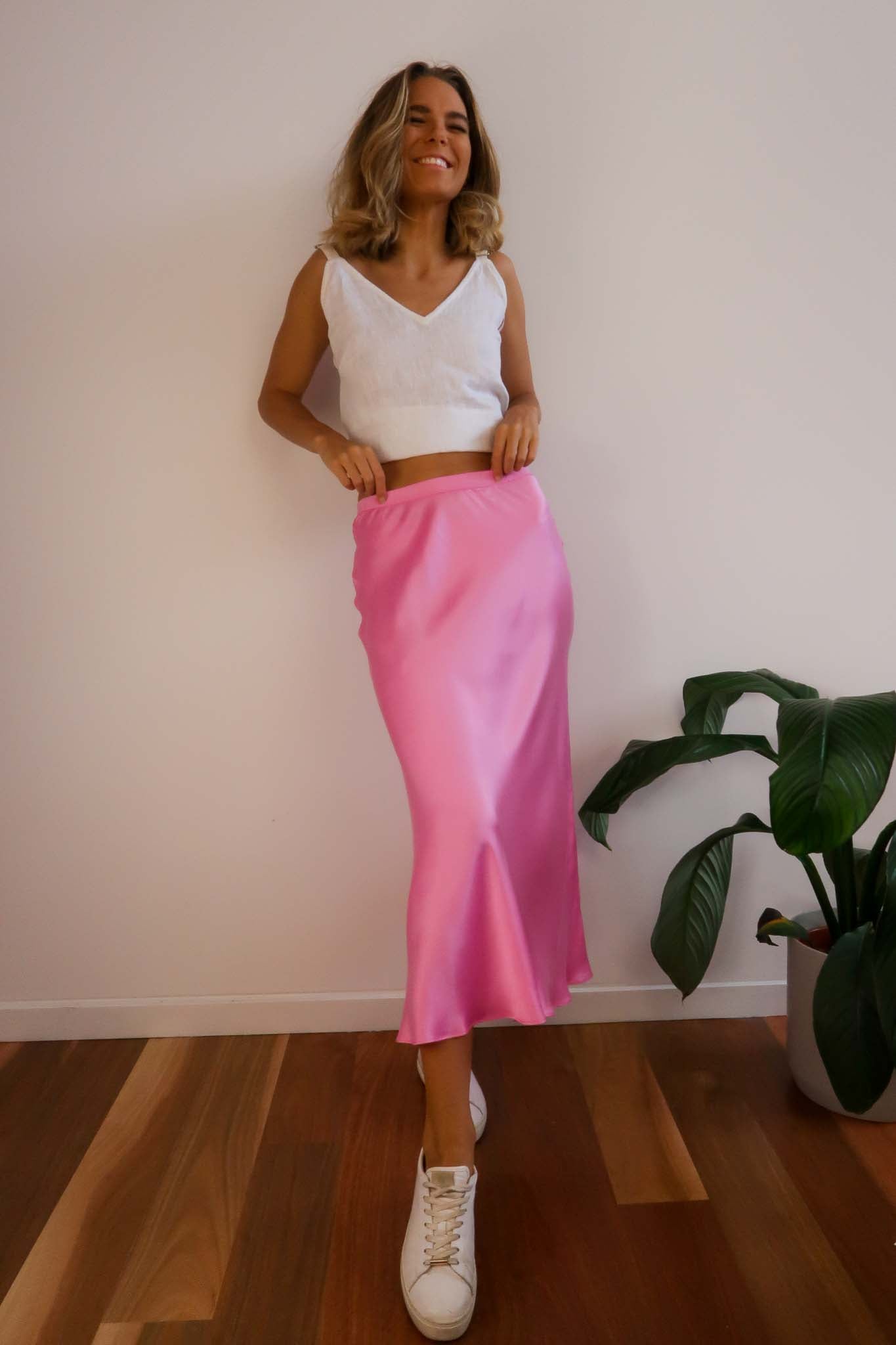Silk skirt, midi length, fairy floss pink