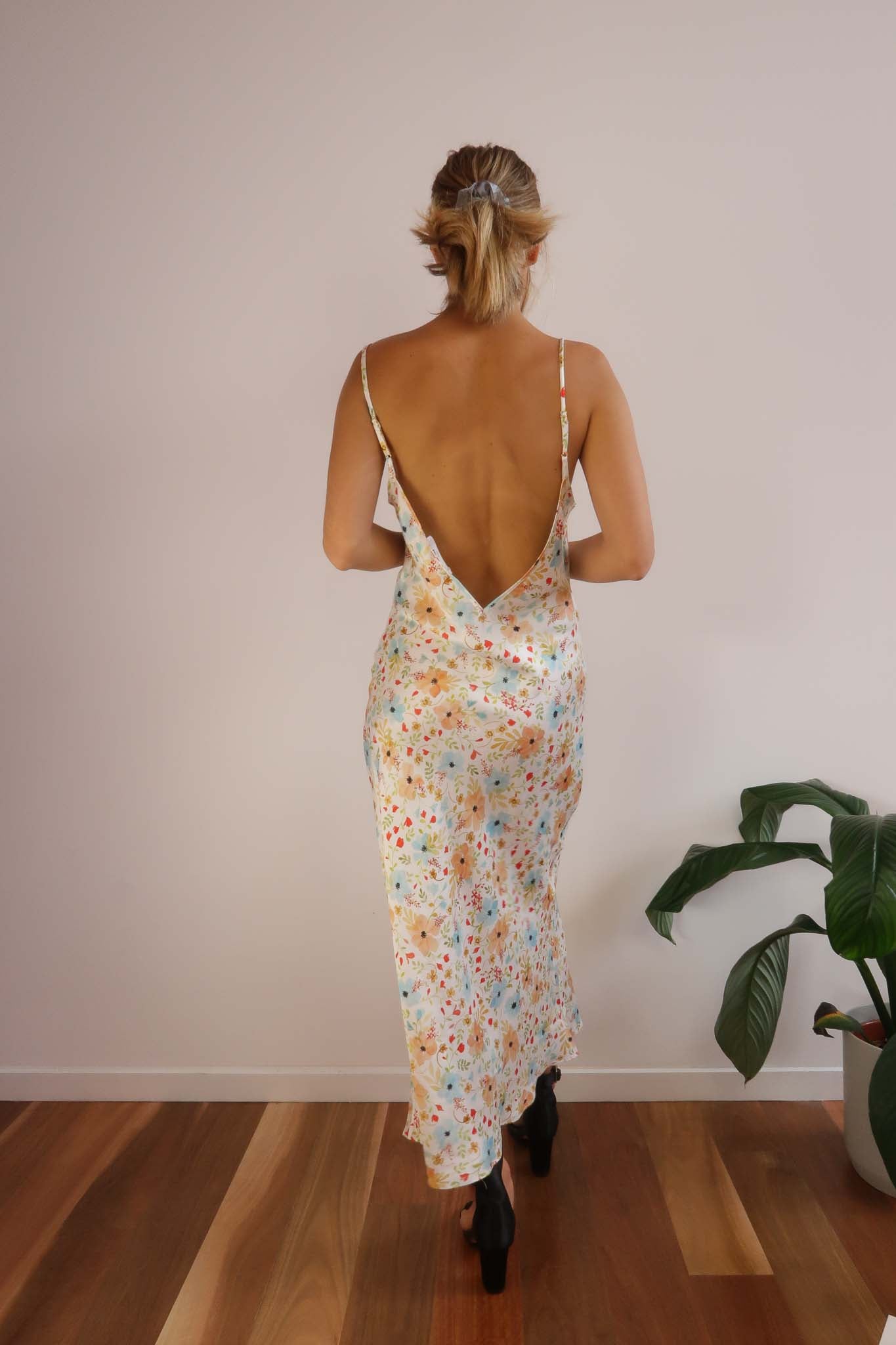 Silk dress, deep v back, posy print